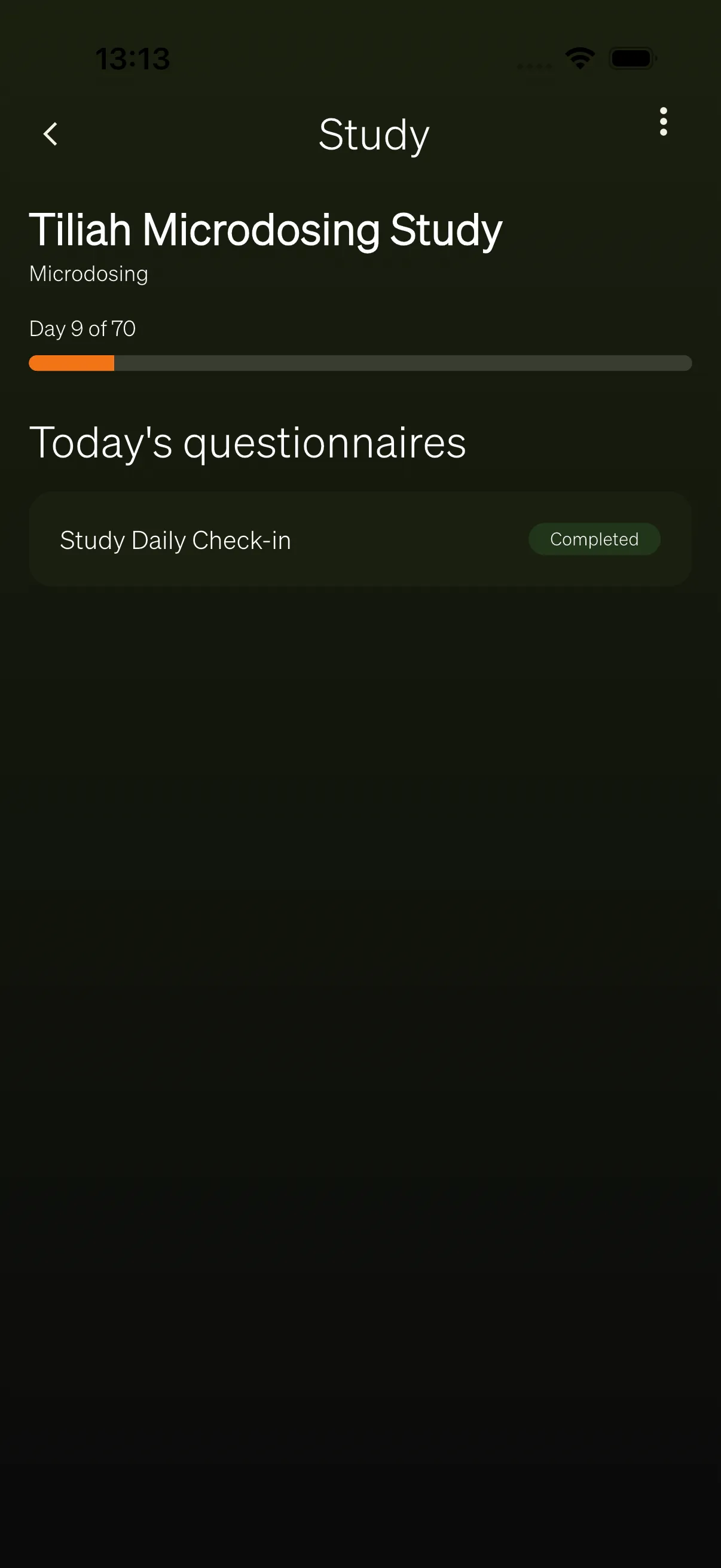 The Study surface with the day-progress header and today's questionnaires.