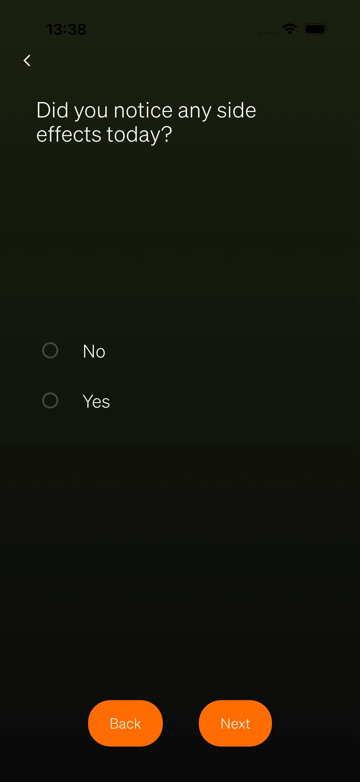 A single questionnaire question with its answer choices and the Back and Next buttons.