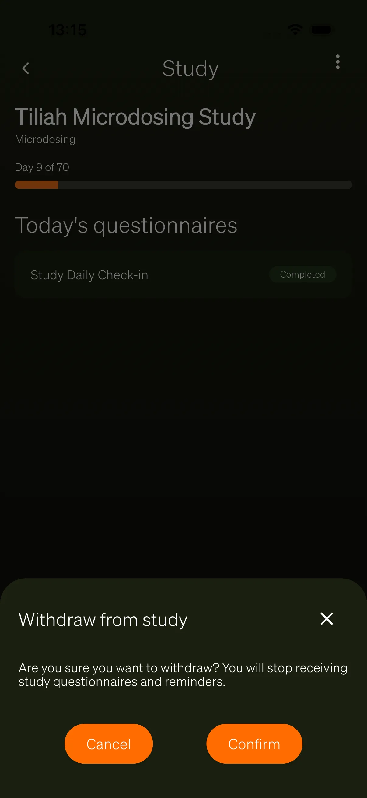 The withdraw-from-study confirmation sheet.