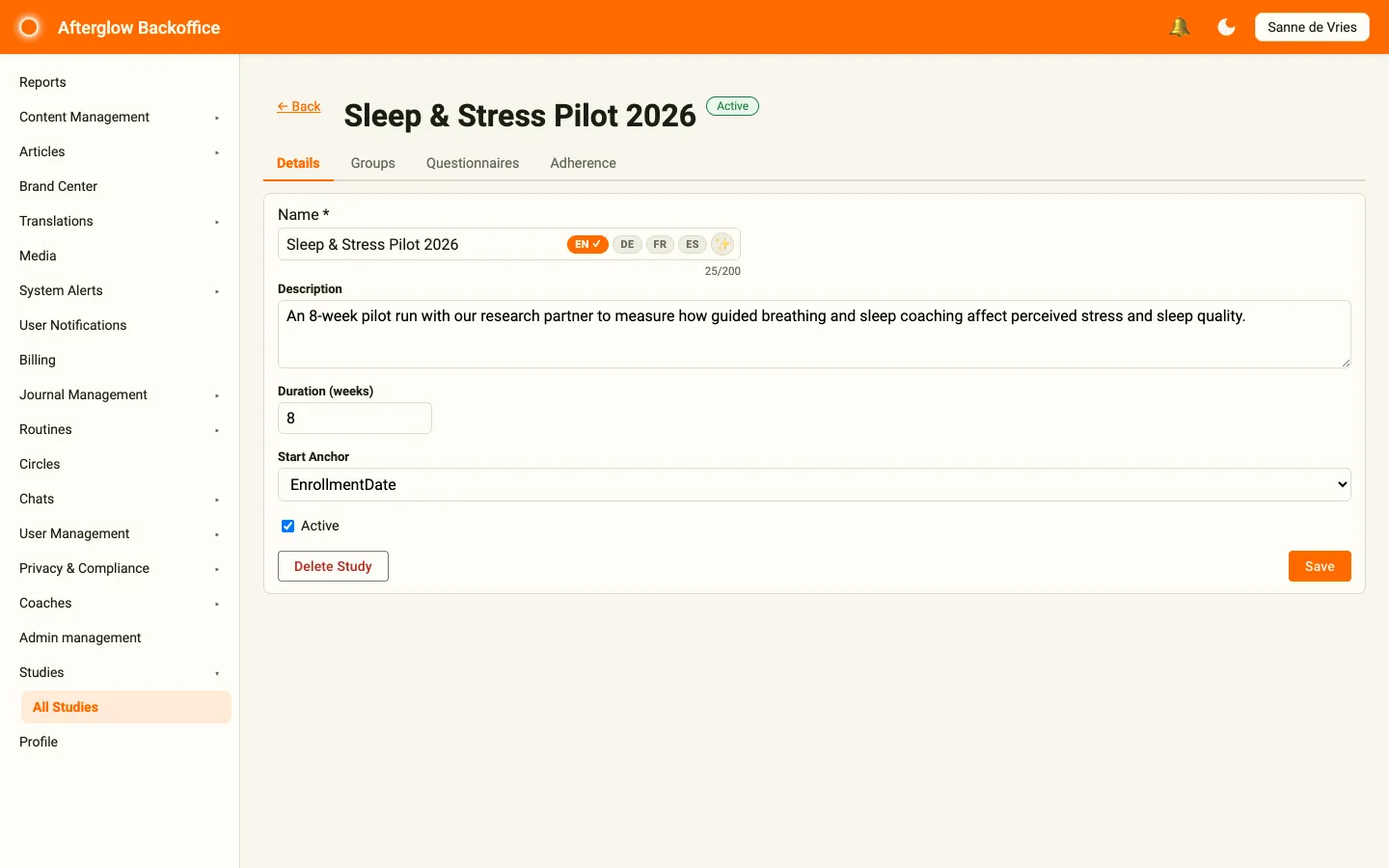 A study’s Details tab with the four-tab bar and study fields