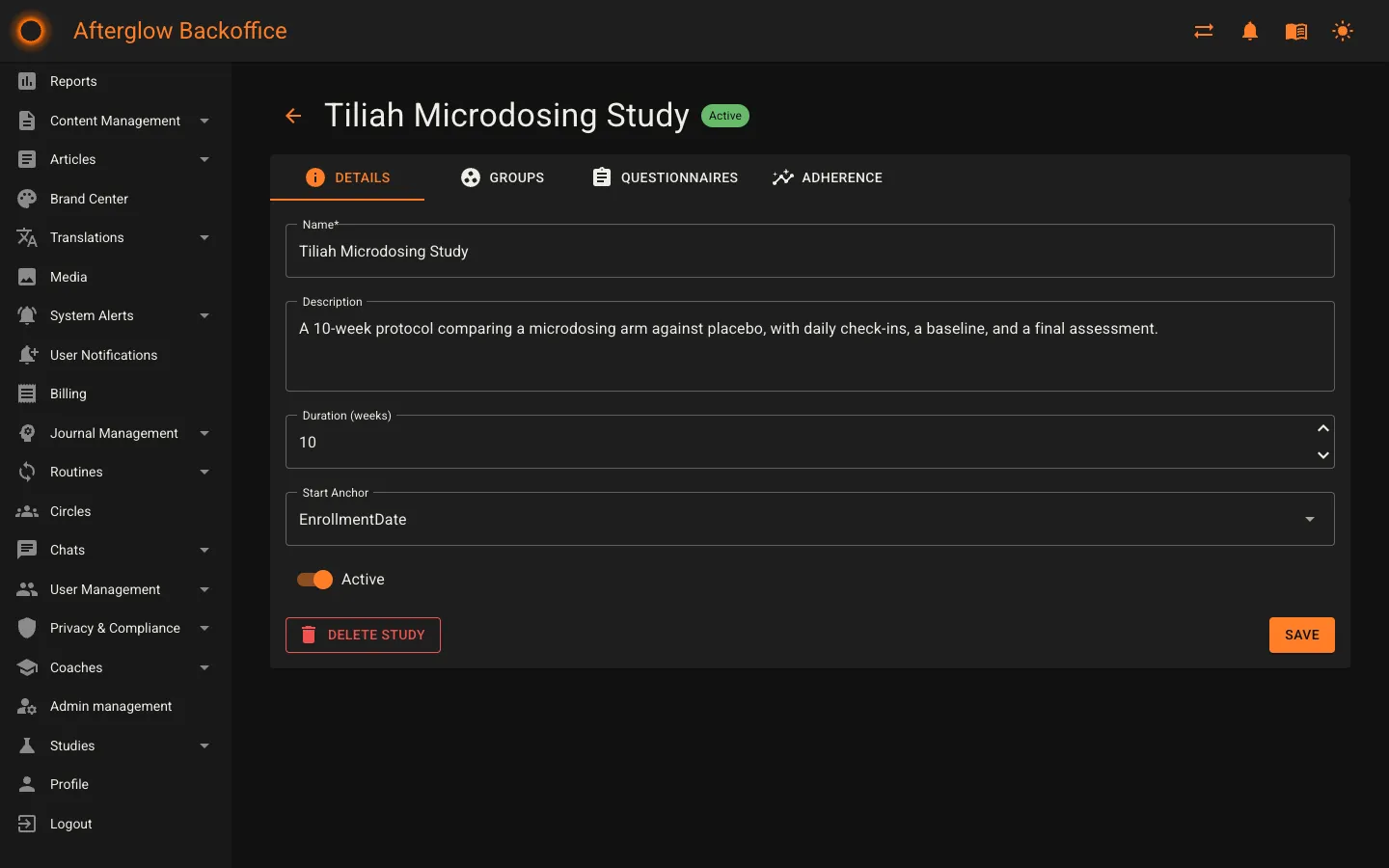 A study's Details tab with the four-tab bar and study fields
