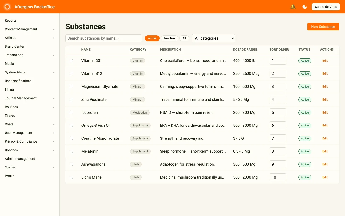 The Substances page showing a table with name, category, description, dosage range, sort order, and status columns.