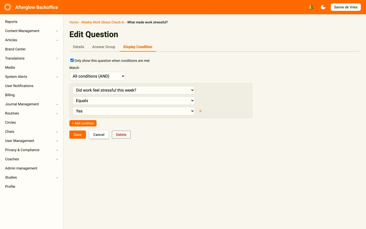 The Display condition tab on a survey question, configured to show the question only when an earlier answer matches