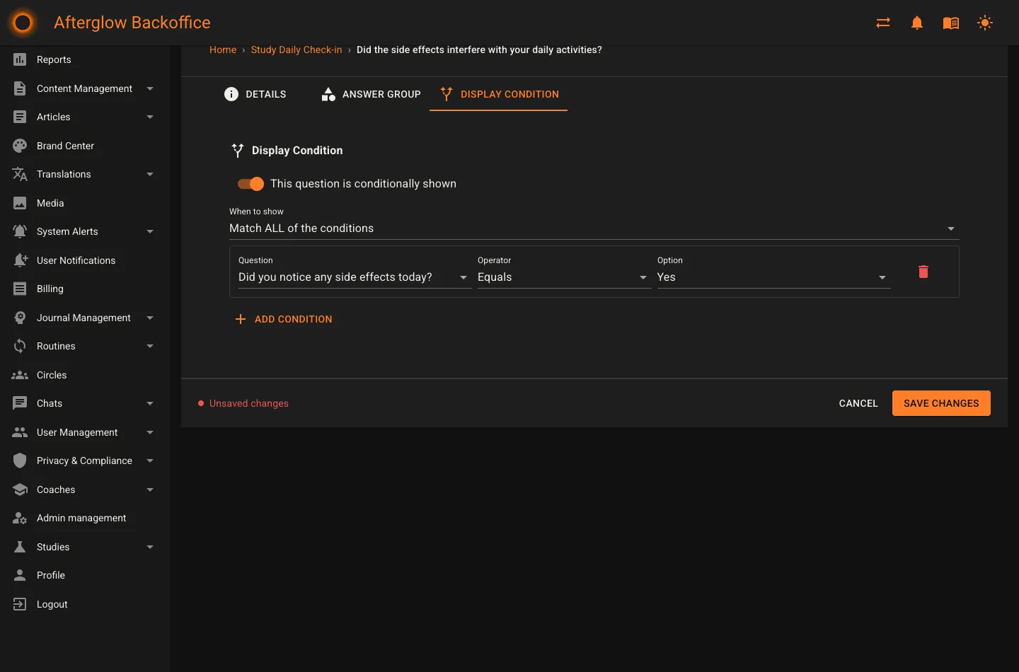 The Display condition tab on a survey question, configured to show the question only when an earlier answer matches