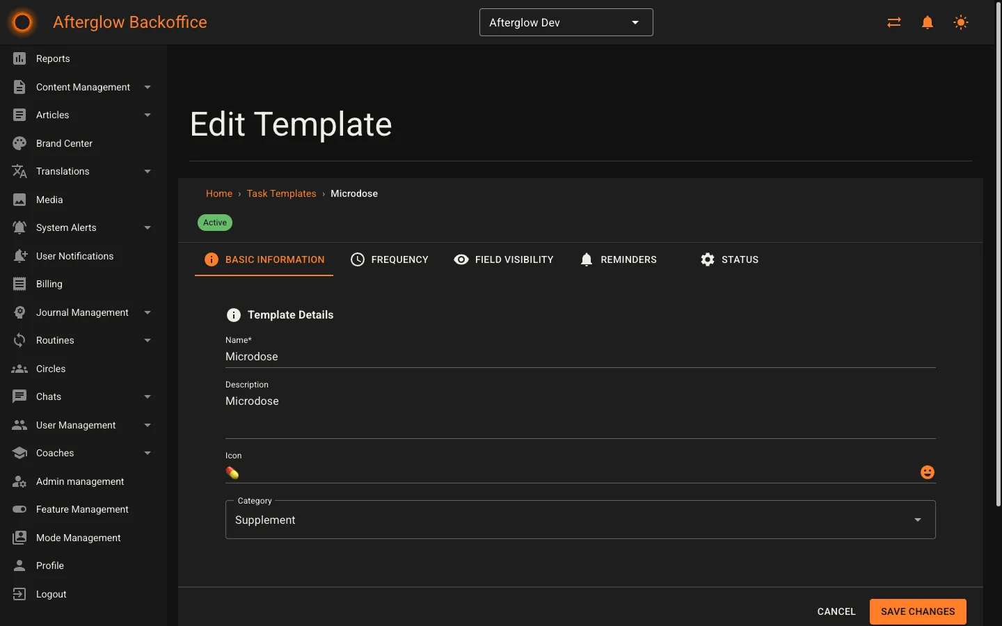 The template editor showing five tabs: Basic Information, Frequency, Field Visibility, Reminders, and Status.