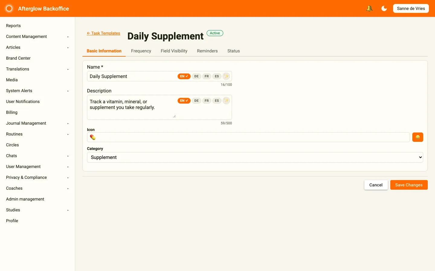 The template editor showing five tabs: Basic Information, Frequency, Field Visibility, Reminders, and Status.