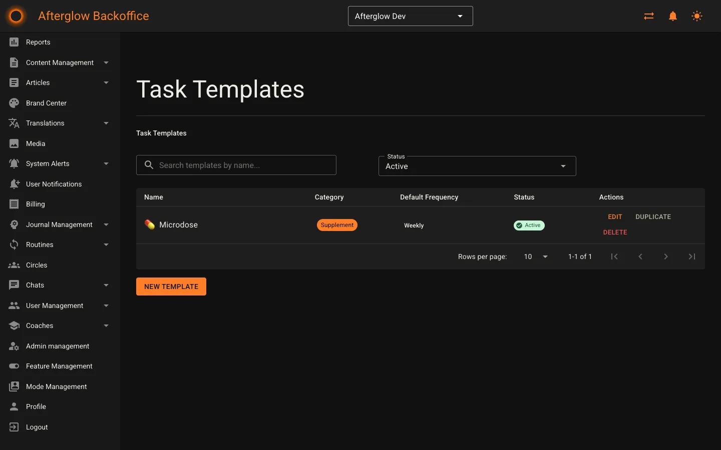The Task Templates page showing a table of templates with name, category, frequency, status, and action columns.
