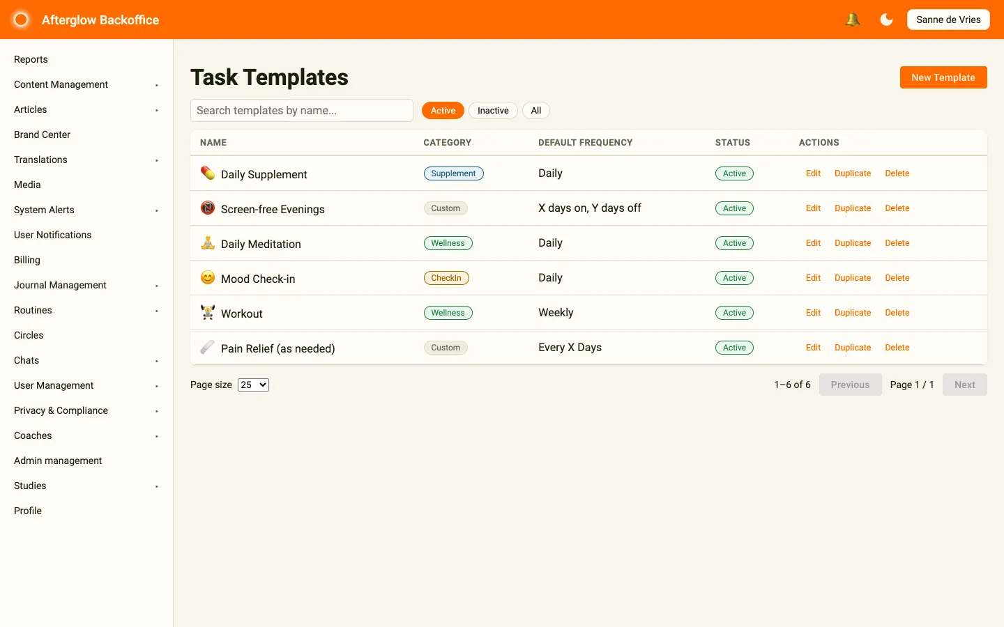 The Task Templates page showing a table of templates with name, category, frequency, status, and action columns.