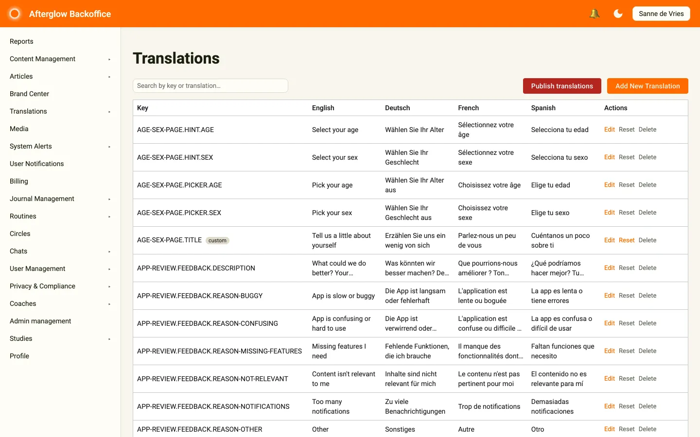 The Translations page showing the translation key table with four language columns and a customized key.