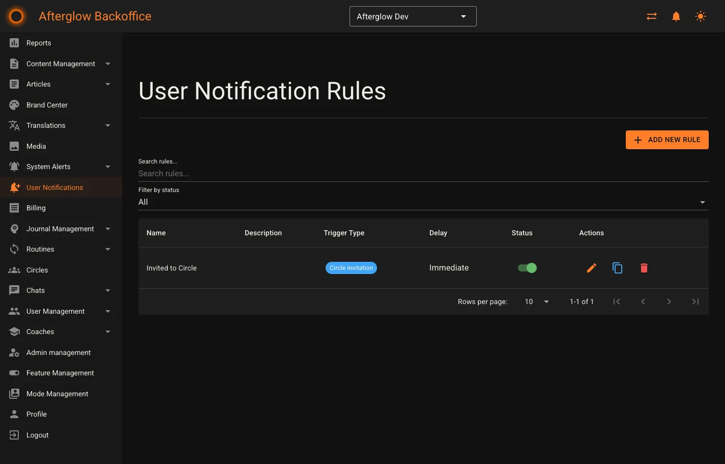 User notification triggers list with search, status filter, and action buttons