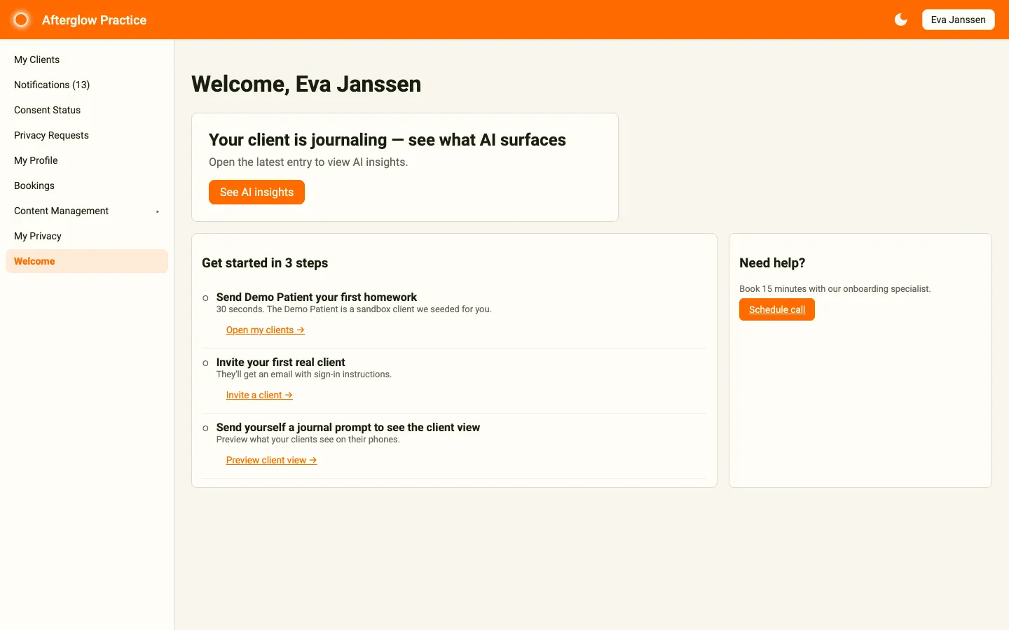 Welcome page with the recommended next step and the Get started in 3 steps checklist